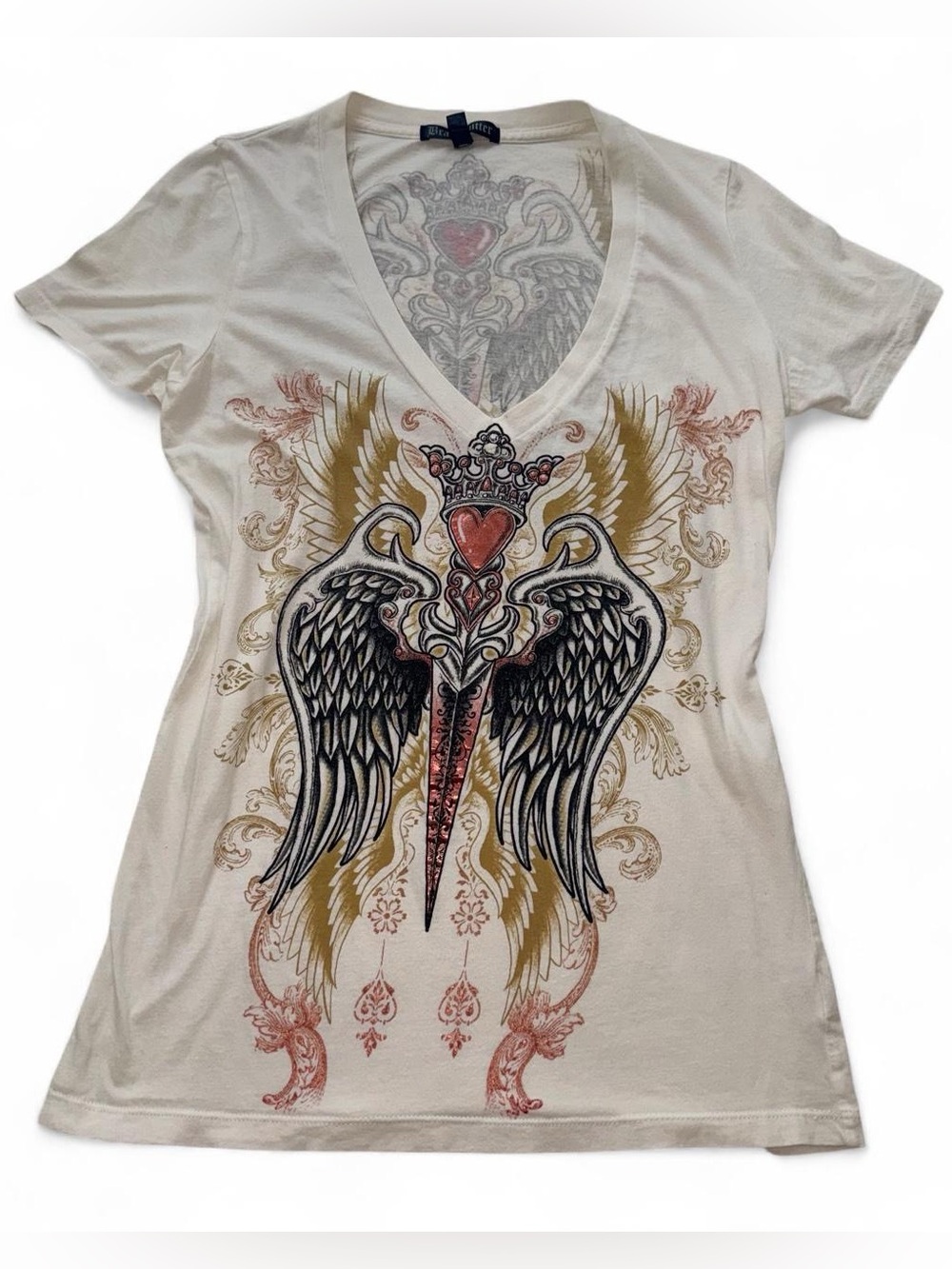 Brad Butter Y2K Women's Cotton V-Neck Graphic Tee with Winged Heart